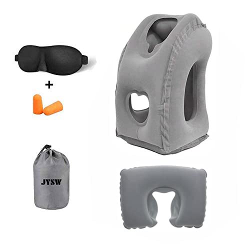  Inflatable Travel Pillow,U-Shaped JYSW Portable Airplane Pillow Multifunctional Neck And Head Support Lap Pillow For Airplanes Trains Buses And Office Napping With Eye Mask, Earplugs, Grey