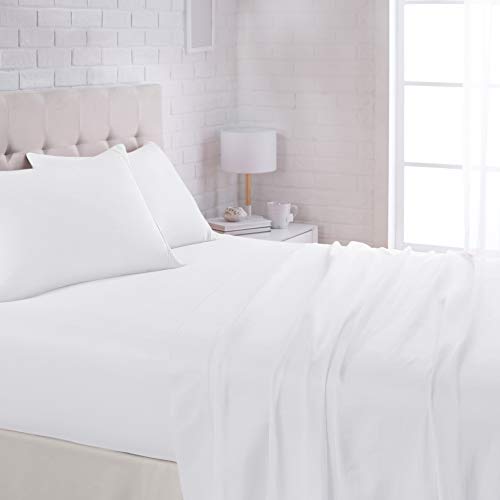 Amazon Basics Lightweight Pleated Bed Skirt - Queen, Bright White & Lightweight Super Soft Easy Care Microfiber Bed Sheet Set With 14-Inch Deep Pockets - Queen, Bright White