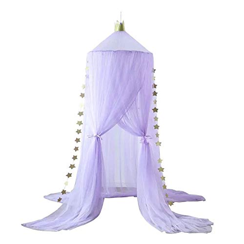  Bed Canopy With Stars And Crown, 7 Doors Mosquito Net Bed Canopy For Girls, Princess Canopy For Girls Bed Room Decor, Encrypted Fabric, Purple