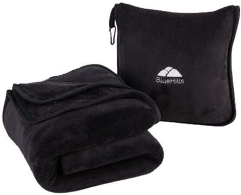  BlueHills Premium Soft Tall Travel Blanket Pillow Airplane Flight Blanket Long 70 X 48 Inch Throw In Bag Pillow Case With Hand Luggage Belt & Backpack Clip Compact Pack Large Blanket Long Black T054