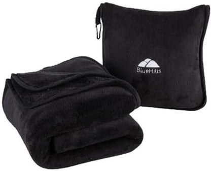  BlueHills Premium Soft Tall Travel Blanket Pillow Airplane Flight Blanket Long 70 X 48 Inch Throw In Bag Pillow Case With Hand Luggage Belt & Backpack Clip Compact Pack Large Blanket Long Black T054