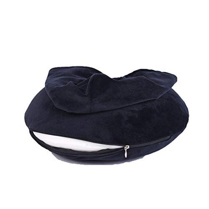  Fashion Look U Shaped Memory Foam Neck Head Support Travel Pillow With Velvet Hoodie - Best Comfort Pain Relief For Long Trip, Air Bus Traveling, Car Driving (Solid Black)