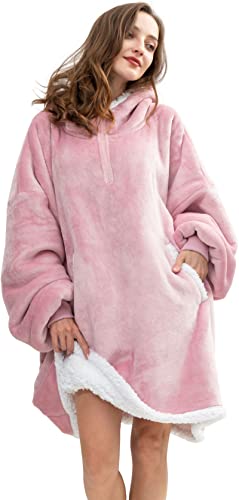  Oversized Wearable Blanket Hoodie For Adult, Thick Sherpa Sweatshirt With Elastic Sleeves And Giant Pockets Super Warm And Cozy Fuzzy Plush Fleece Blanket Jacket, Pink