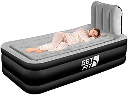  Air Bed With Built In Electric Pump - Premium Twin Airbed - Quick Blow Up Bed With Headboard & Free Inflatable Pillow - Elevated Inflatable Air Mattress For Outdoor, Camping - Black/Grey