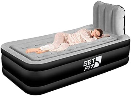  Air Bed With Built In Electric Pump - Premium Twin Airbed - Quick Blow Up Bed With Headboard & Free Inflatable Pillow - Elevated Inflatable Air Mattress For Outdoor, Camping - Black/Grey