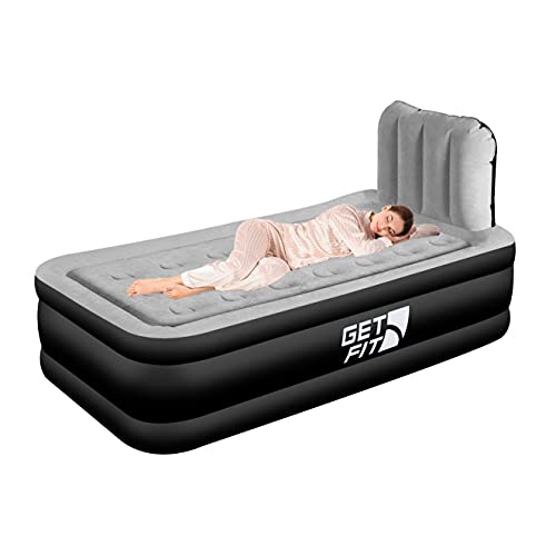  Air Bed With Built In Electric Pump - Premium Twin Airbed - Quick Blow Up Bed With Headboard & Free Inflatable Pillow - Elevated Inflatable Air Mattress For Outdoor, Camping - Black/Grey