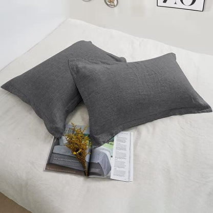  PHF 100% Linen Euro Sham With Ruffle, 26" X 26", Set Of 2, No Insert, Washed Soft French Flax Euro Throw Pillow Covers, Ultra Breathable Durable Comfy Euro Shams For Bed Couch Sofa, Linen