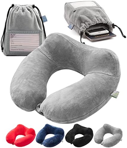  Inflatable Travel Neck Pillow: Extra-Soft, Cushion. For Airplanes, Trains, Cars, Portable Travel Accessory-With Carrying Pouch For Cell Phone And Passport Etc. (Blue)