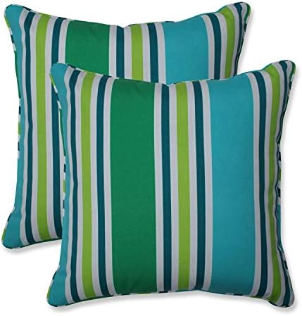  Pillow Perfect Stripe Outdoor Throw Accent Pillow, Plush Fill, Weather, And Fade Resistant, Large Square - 18.5" X 18.5", Blue/Green Topanga, 2 Count