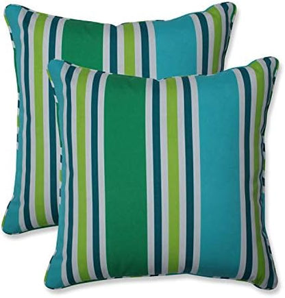  Pillow Perfect Stripe Outdoor Throw Accent Pillow, Plush Fill, Weather, And Fade Resistant, Large Square - 18.5" X 18.5", Blue/Green Topanga, 2 Count