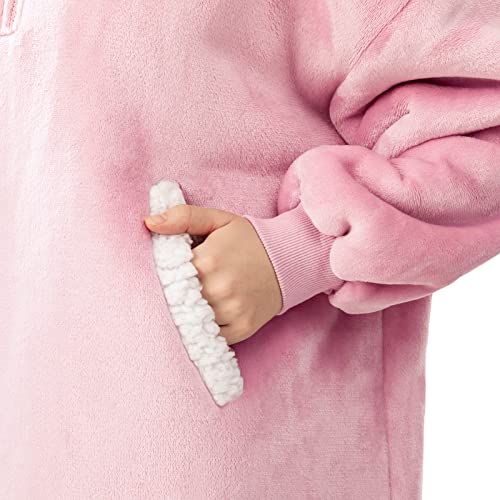  Oversized Wearable Blanket Hoodie For Adult, Thick Sherpa Sweatshirt With Elastic Sleeves And Giant Pockets Super Warm And Cozy Fuzzy Plush Fleece Blanket Jacket, Pink