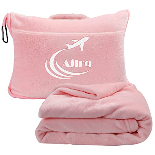  Ajlrq Travel Blanket Airplane Pillow, Premium Soft Polyester 2 In 1 Travel Pillow Airplane Blanket WithSoft Bag Pillow Case Travel Essentials With Storage Bag And Handle Belt (Pink)