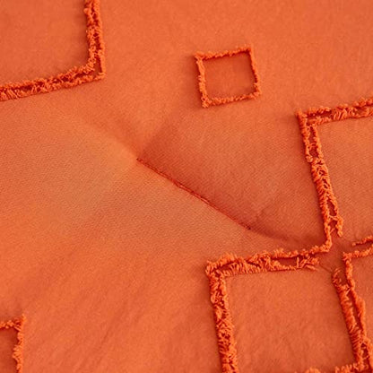  Wake In Cloud - Burnt Orange Comforter Set, Boho Tufted Textured Shabby Chic Farmhouse Bohemian Geometric Design, Soft Microfiber Bedding (3pcs, Queen Size)