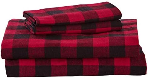  Amazon Brand – Stone & Beam Rustic Buffalo Check Flannel Bed Sheet Set, Queen, Red And Black