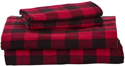  Amazon Brand – Stone & Beam Rustic Buffalo Check Flannel Bed Sheet Set, Queen, Red And Black