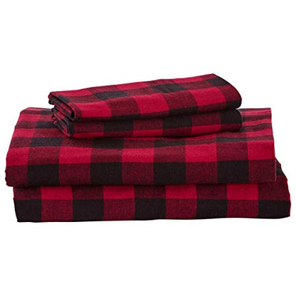  Amazon Brand – Stone & Beam Rustic Buffalo Check Flannel Bed Sheet Set, Queen, Red And Black