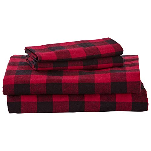  Amazon Brand – Stone & Beam Rustic Buffalo Check Flannel Bed Sheet Set, Queen, Red And Black