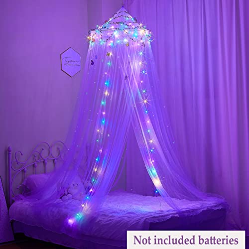  FIOBEE Bed Canopy For Girls Room Bed Canopy Curtains With Led Lights Mosquito Net DIY Princess Room Décor With Stars Butterflies For Kids Bedroom, Purple