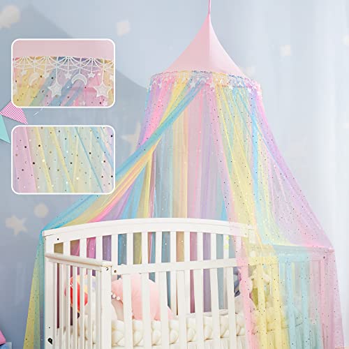  Rainbow Bed Canopy For Girls,Shiny Kids Princess Round Dome Bed Curtain With Star Moon Glitter,Kids Crib Canopy Play Tent Canopy Dreamy Bed Netting For Girls Bedroom Decor Children Reading Corners