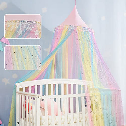  Rainbow Bed Canopy For Girls,Shiny Kids Princess Round Dome Bed Curtain With Star Moon Glitter,Kids Crib Canopy Play Tent Canopy Dreamy Bed Netting For Girls Bedroom Decor Children Reading Corners