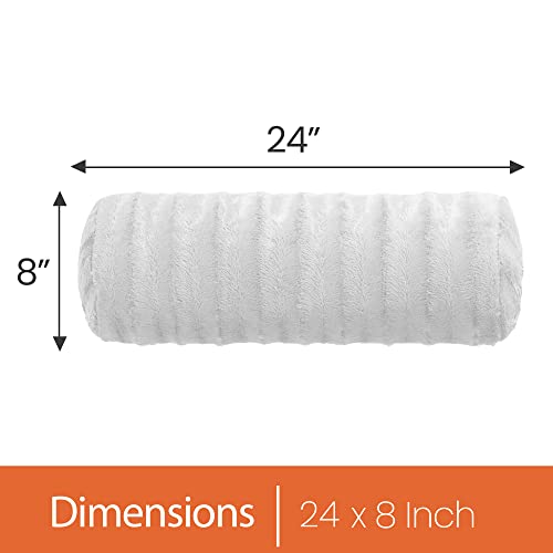  Cheer Collection Set Of 2 Faux Fur Bolster Pillows, Decorative Roll Pillow For Couch With Removable Washable Cover, Cylinder Neck Pillows For Bed, Chair Or Sofa, 8” X 24” Inch, White