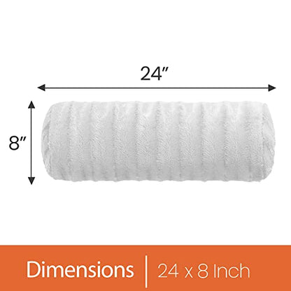  Cheer Collection Set Of 2 Faux Fur Bolster Pillows, Decorative Roll Pillow For Couch With Removable Washable Cover, Cylinder Neck Pillows For Bed, Chair Or Sofa, 8” X 24” Inch, White