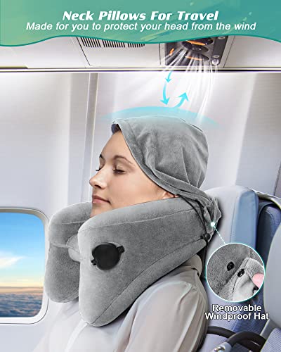  JefDiee Travel Pillow For Neck, Neck Pillows For Travel, Chin, Head Support, Airplane Pillow With Soft Washable Velour Cover, Hat, Portable Luxury Bag (Grey-1)