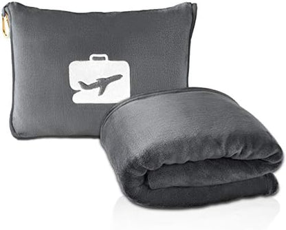  Travel Blanket And Pillow - Premium Soft 2 In 1 Airplane Blanket With Soft Bag Pillowcase, Hand Luggage Sleeve And Backpack Clip (Black)