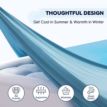  ELEMUSE Cooling Blue Queen Dual Layer Mattress Pad Cover, Cool-to-Touch Fitted Sheet Plus Soft Mattress Topper For Hot Sleepers, Supportive Pillowtop Mattress Protector With Fluffy Filling