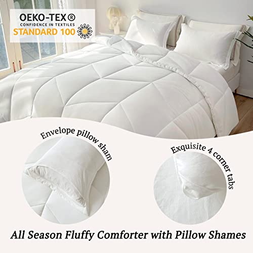  MILDLY Queen Comforter Set - White Bedding Comforter Sets 100% Washed Microfiber Super Soft 3 PCS, All Season Fluffy Lightweight Down Alternative Quilted Comforter 88x88 Inches, 2 Pillow Shams