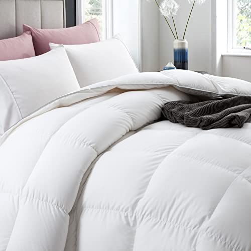  Luxury Pima Cotton Goose Feathers Down Duvet Insert King | All-Seasons Down Comforter | Ultra-Soft 750 Fill-Power Medium Warmth Hotel-Style Comforter Insert With Ties (106x90 Inches, White)