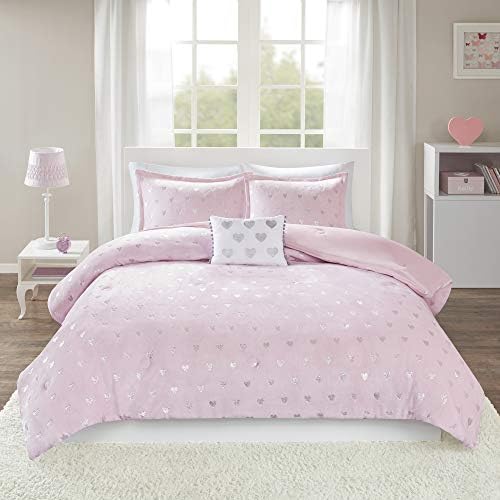  Mi Zone Rosalie Comforter Ultra-Soft Microlight Plush Metallic Printed Hearts Brushed Reverse Overfilled Down Alternative Hypoallergenic All Season Bedding-Set, Full/Queen, Purple/Silver, 4 Piece
