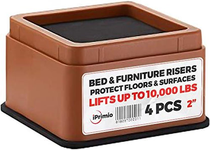  IPrimio Bed Risers - Square, 2 Inch Lift, Heavy Duty, 4 Pack, Up To 10000lbs - Bed Raising Blocks, Furniture Risers - Safe, Sturdy Bed Lifts For College Dorm Rooms, Couches, Tables, Desk Riser