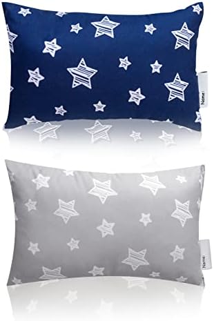  Small Pillow With Name Tag 2 Pack, 11" X 7" X 2.5" Mini Pillow For Preschool And Airplane Car Travel, Great Tiny Pillow For Baby Kids Neck, Back, Lumbar, Knee Gap And Dogs Daycare, Grey And Navy