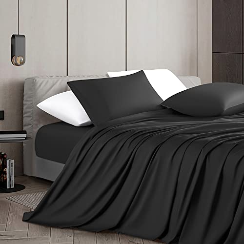  100% Cotton Queen Size Sheets Set - 1000 Thread Count，Luxury Egyptian Cotton Bed Sheets，Breathable & Smooth Hotel Sheets, 16 Inch Deep Pocket - 4 Piece (Queen, Black)