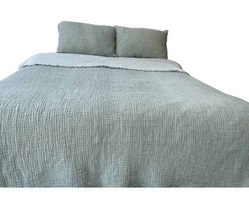  100% Cotton Muslin Throw Blanket, 4 Layers Bedspread, Soft Turkish Cotton Muslin Bed Cover, Reversible Coverlet, Green (Two Pillowcase 20x30)