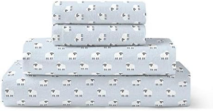  Flannel Sheet Set Cotton Soft Warm & Cozy Modern Chic With Elastic Deep Pockets, Queen, Sheep Light Blue