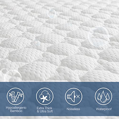  Queen Size Bamboo Mattress Protector, Breathable 3D Cooling Waterproof Mattress Pad Fits 18“ Deep Pocket Quilted Mattress Cover White