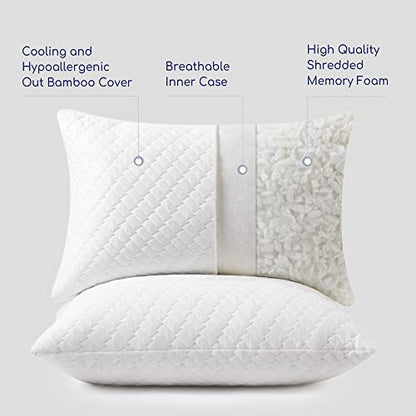  Memory Foam Pillows King For Sleeping Adjustable Fill Bed Pillows Cool Bamboo Surface Pillows With Washable Pillowcase, Extra Fill 2 Packs(0.9LB) Included