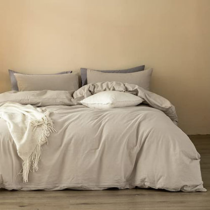  ELIMMO Duvet Cover Set Linen Texture 100% Cotton Fabric Durable Breathable Natural Dreamy Chic Feel (Beige Grey, Queen)