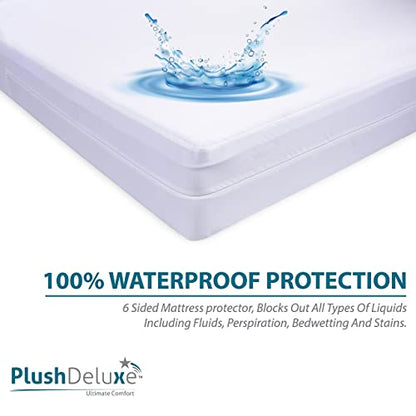  PlushDeluxe Premium Mattress Encasement - Zippered Waterproof BedCover, 6-Sided Protection - Hypoallergenic Terry Fabric - Protects Against Dust, Critters - [9-12"]Depth, Twin Size Mattress Protector