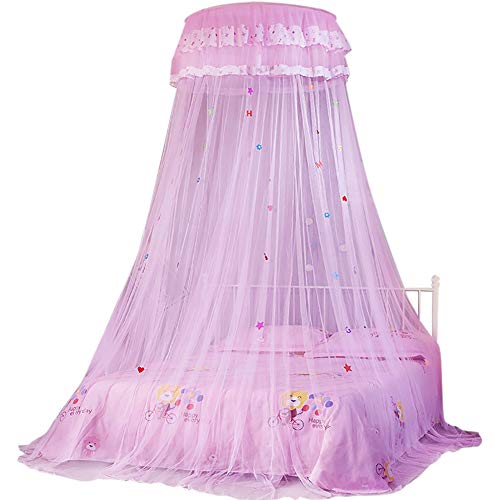  Junlucki Princess Style Mosquito Net, Round Canopy Lace Bed Curtain, Dome Mosquito Net Bed Curtain Hanging Canopy Bed Canopy Curtain Netting For Children Bed, Easy Installation Hanging(Pink)