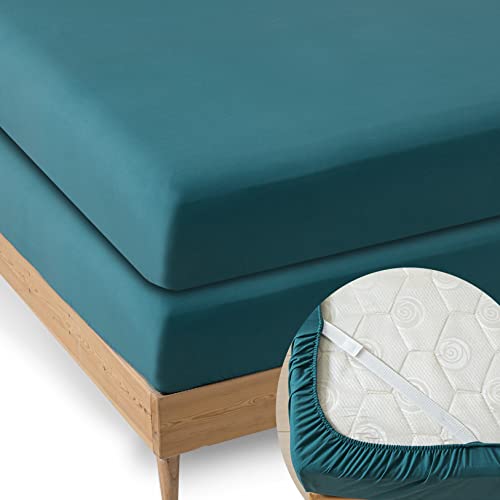  MINIPANDA Twin Fitted Sheets 2 Pack, Ultra Soft With Bed Sheets Holder Straps For Corners, Keep Sheets From Coming Off - Microfiber Sheets (Blue-Green, Twin,2)