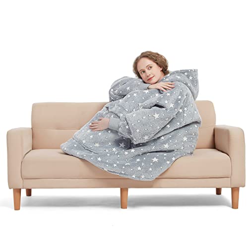  NOUKOW Wearable Blanket Hoodie Oversized Sherpa Blanket Sweatshirt Flannel Sweater Blanket With Large Pocket