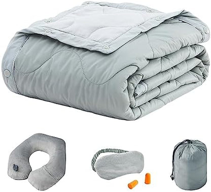  Commollis 4-in-1 Airplane Essentials-Travel Blanket And Pillow Set For Airplanes - Includes Blanket, Inflatable Pillow, Eye Mask, And Earplugs