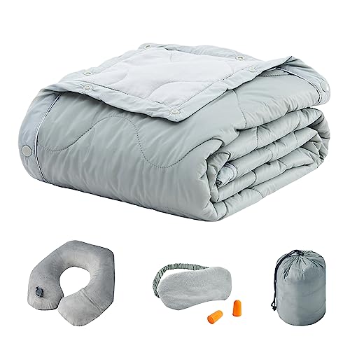  Commollis 4-in-1 Airplane Essentials-Travel Blanket And Pillow Set For Airplanes - Includes Blanket, Inflatable Pillow, Eye Mask, And Earplugs