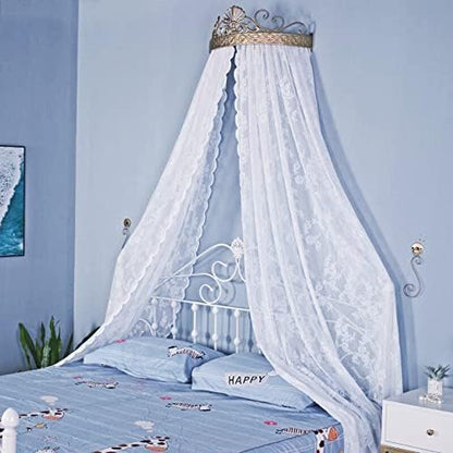  SFYZ HOME Princess Lace Bed Canopy With Metal Gold Crown, Floral Bed Sheer Curtain Decorative Drapery For King Queen Full Bed (Pink)