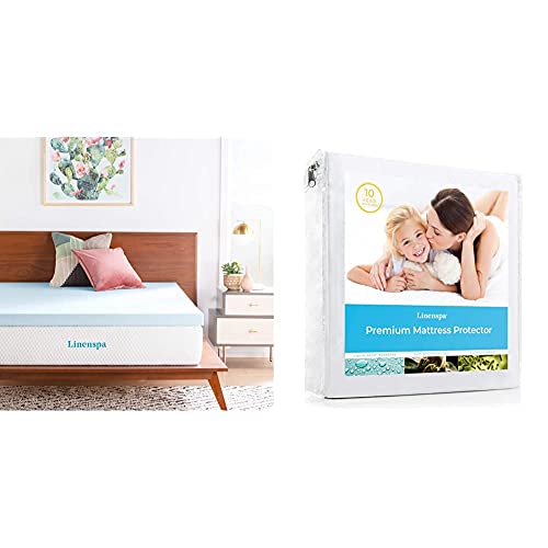  INENSPA 3 Inch Gel Infused Memory Foam Twin Mattress Topper & Premium Smooth Fabric Mattress Protector-100% Waterproof-Hypoallergenic-Vinyl Free Protector, Twin, White