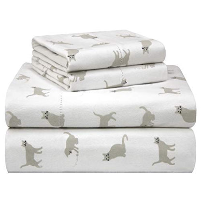  Pointehaven 180 GSM Velvet Feel Luxury 100% Cotton Printed Flannel Sheet Set,4PCS, Queen, Cats - Warm & Cozy - Pre-Shrunk -Deep Pockets - Elastic All Around-Comfy Double Brushed -