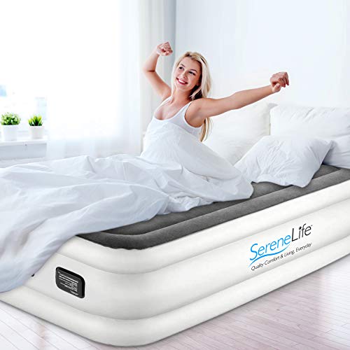  Serene Life Built In ComfortCoil Technology & Internal High Capacity Pump | Elevated Raised Air Mattress Quilt Top 1-Year Guarantee Twin Size, Gray